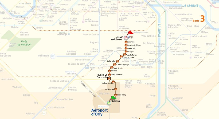 Схема остановок трамвая из аэропорта Орли, Париж